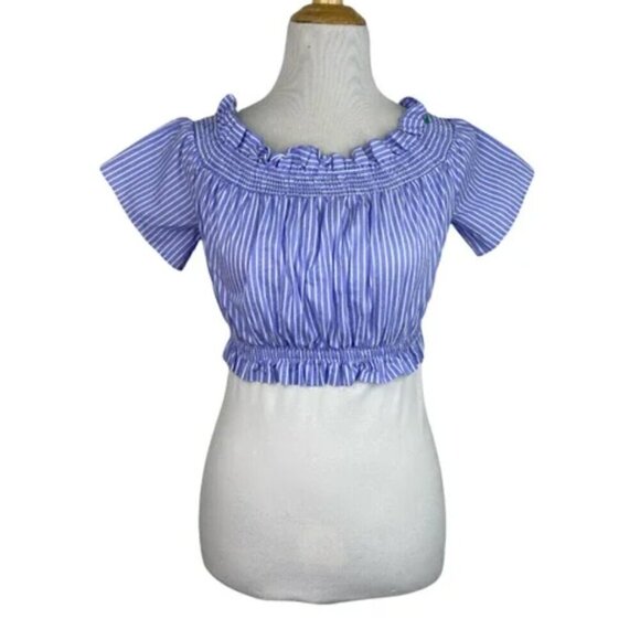 Zara Crop Top XS Off Shoulder Striped Ruffle Back Tie Summer Blue White Cinched - Picture 3 of 10